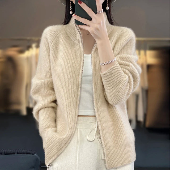 100% Pure Wool Zipper Cardigan – Women's Cashmere Knitted Coat