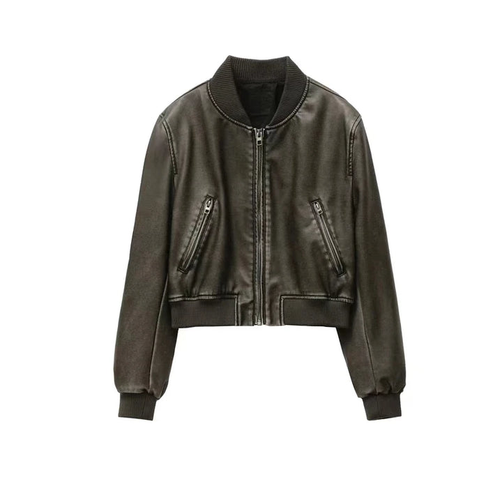 Women's Vintage Faux Leather Bomber Jacket – Short Black Stand Collar Streetwear Coat