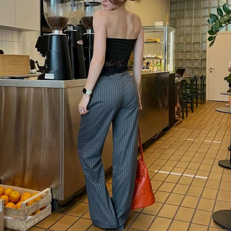 Women's High Waist Wide Leg Suit Pants – Striped Formal Office Trousers, Casual Workwear