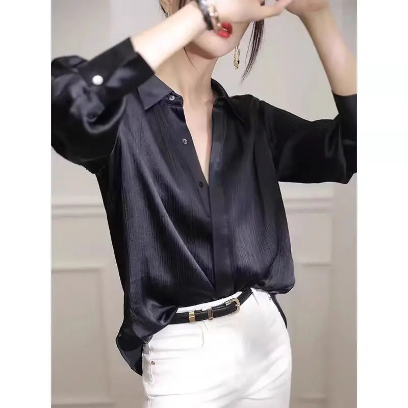 Women's Black Satin Long-Sleeve Blouse – Elegant Loose Office Shirt