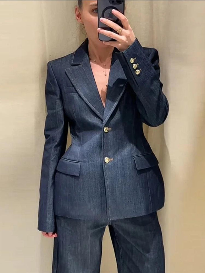 Women’s 3-Piece Denim Suit – Lapel Long Sleeve Coat, Sleeveless Tank & Wide-Leg Trousers