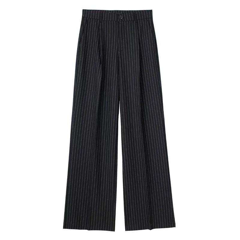 Women's High Waist Wide Leg Suit Pants – Striped Formal Office Trousers, Casual Workwear