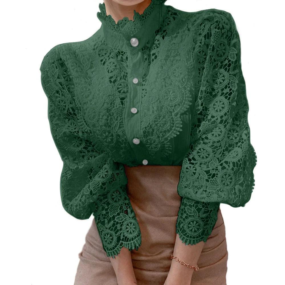 Women's Elegant Lace Blouse – Embroidered Hollow-Out Stand Collar Top