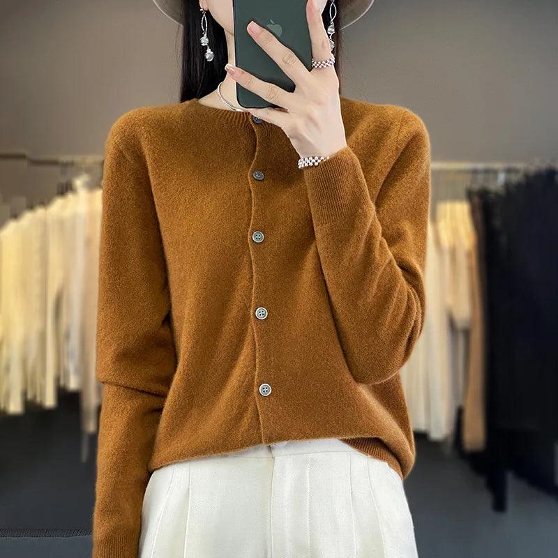 Women’s O-Neck 100% Merino Wool Cashmere Cardigan