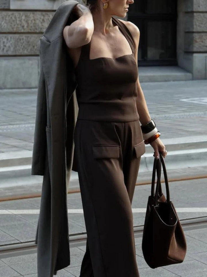 Women's Square Collar Halter Vest & Wide-Leg Pants Set – Elegant Office Outfit 2025