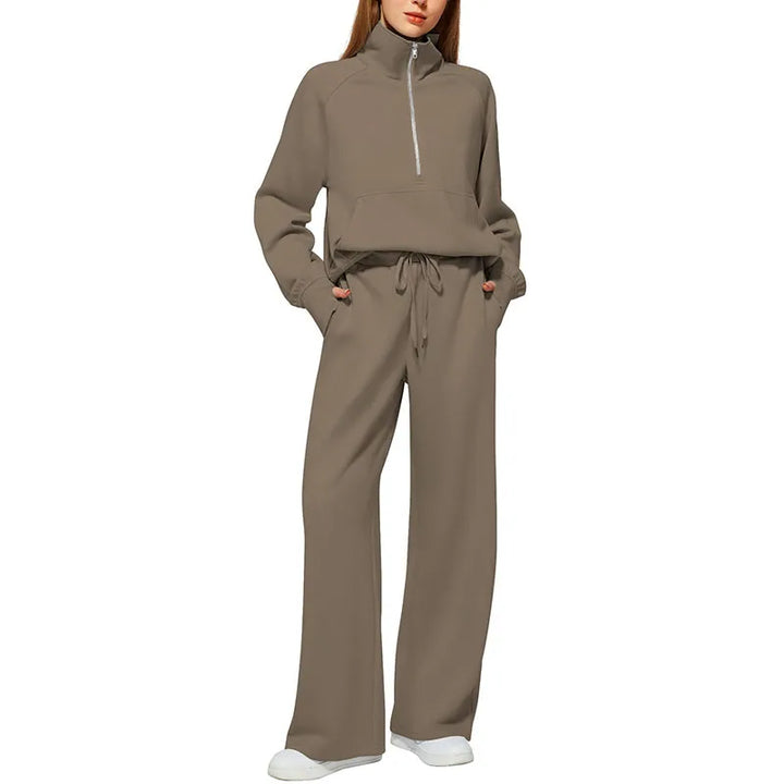 Women’s Sweatshirt Pants Suit – Stand Collar Zipper Jacket & Elastic Drawstring Pants Set