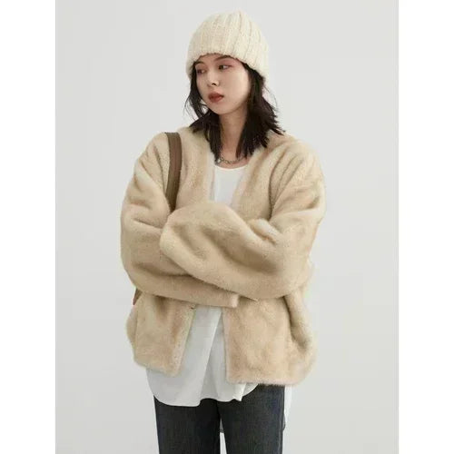 Women's Loose Plush Overcoat – V-Neck, Casual Outerwear, Autumn Winter