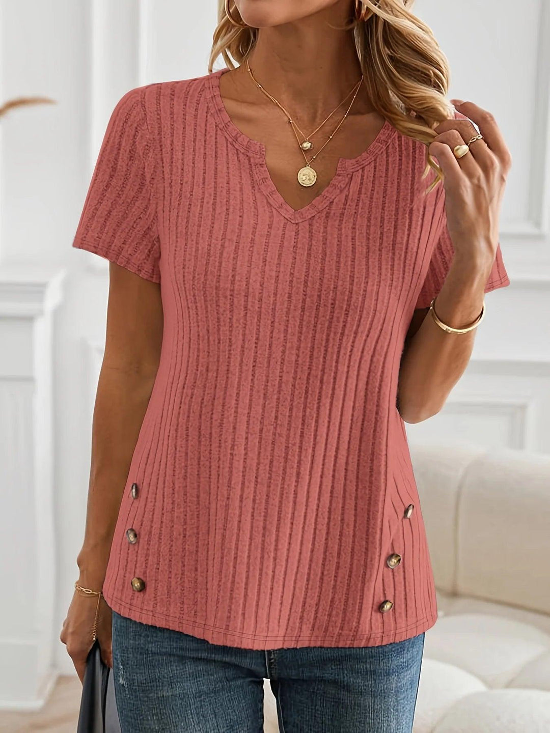 Casual Chic Ribbed T-Shirt with Button Detail