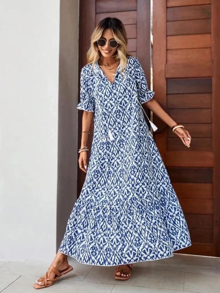 Women's Floral Chiffon Maxi Dress – V-Neck, Short Sleeve, Boho Flowy A-Line Summer Dress