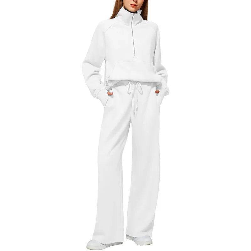 Women’s Sweatshirt Pants Suit – Stand Collar Zipper Jacket & Elastic Drawstring Pants Set