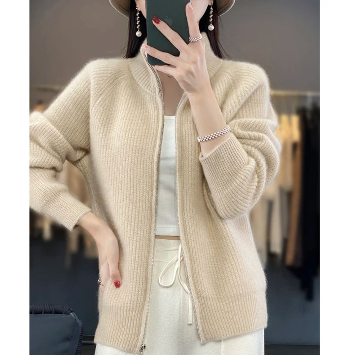 100% Pure Wool Zipper Cardigan – Women's Cashmere Knitted Coat