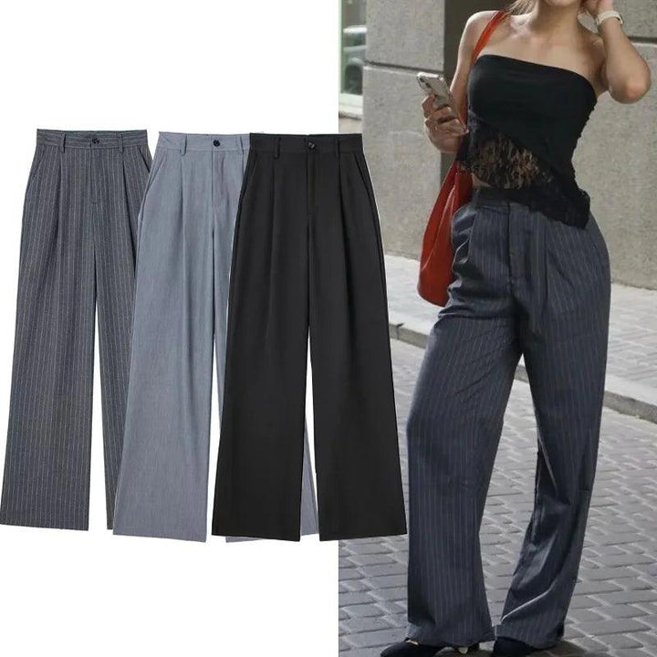 Women's High Waist Wide Leg Suit Pants – Striped Formal Office Trousers, Casual Workwear