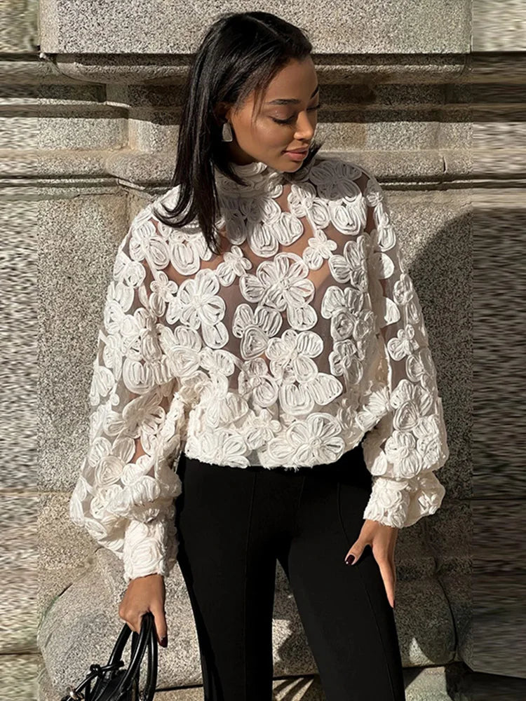 Women's Elegant Turtleneck Lace Shirt – Hollow Out, Lantern Sleeve, Chic High Street Fashion Top