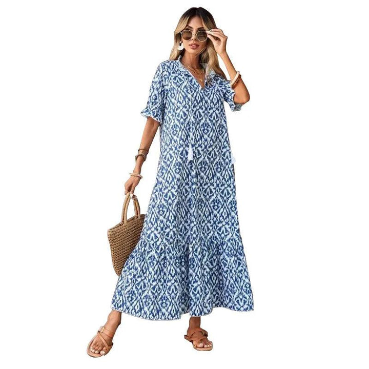 Women's Floral Chiffon Maxi Dress – V-Neck, Short Sleeve, Boho Flowy A-Line Summer Dress