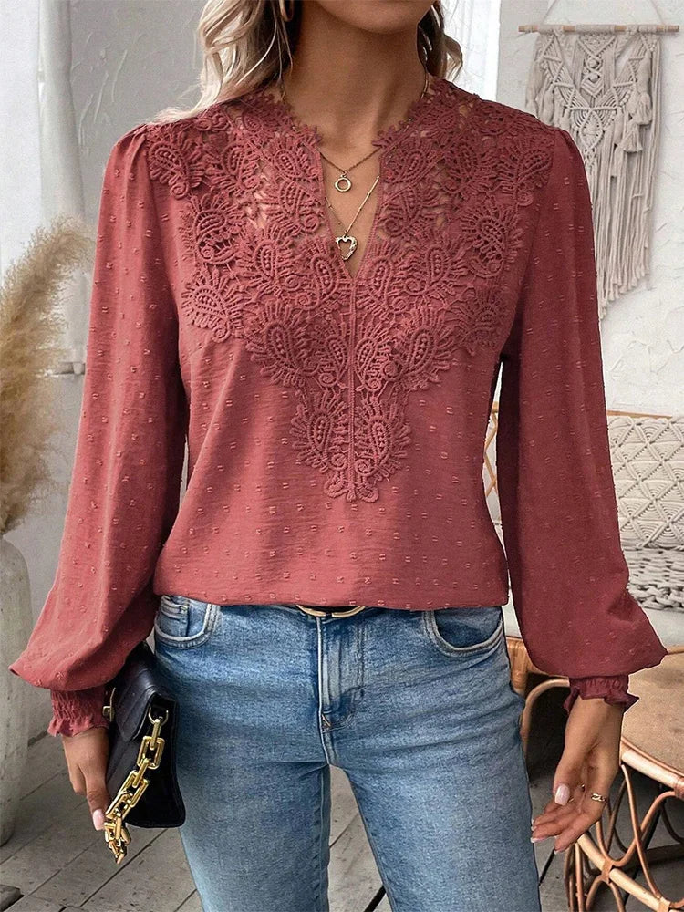 Women's Elegant Lace V-Neck Blouse – Hollowed Long Sleeve Office Shirt