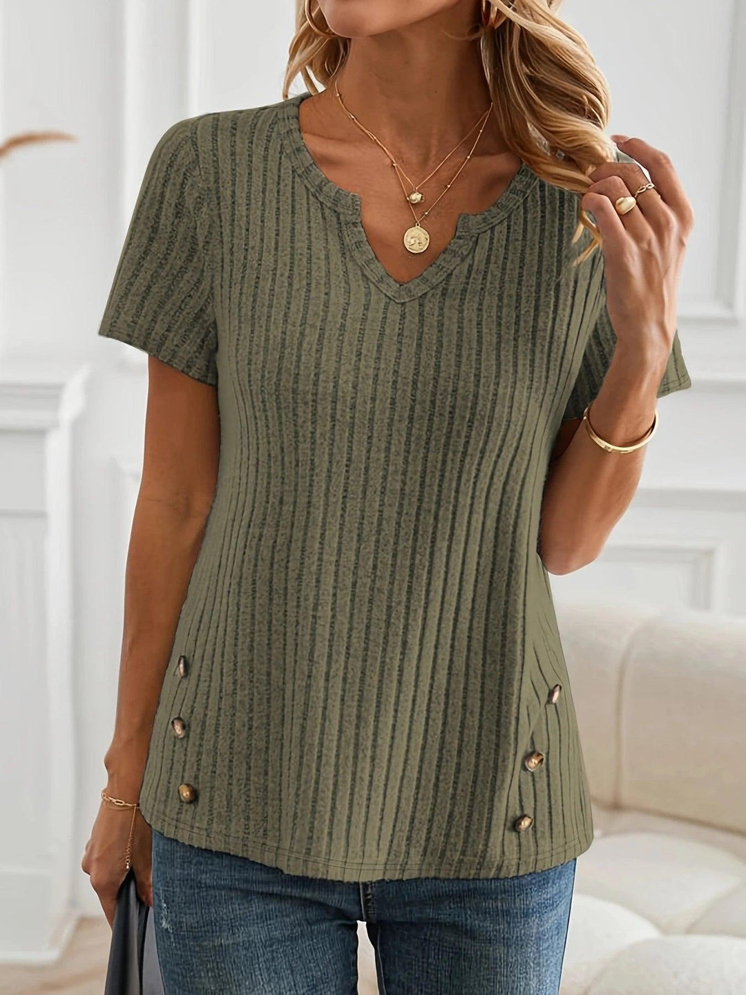 Casual Chic Ribbed T-Shirt with Button Detail