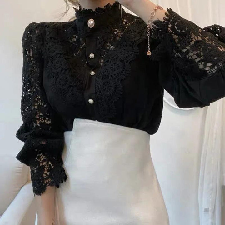 Women's Elegant Lace Blouse – Embroidered Hollow-Out Stand Collar Top