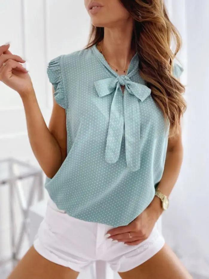 Women’s Summer Elegant Polka Dot Ruffle Sleeveless Blouse – Lace-Up Bow Tie Casual Oversized Tunic Top