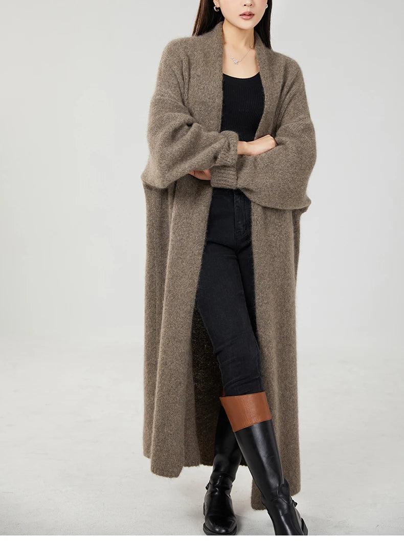 Women's Cashmere Long Cardigan Coat – Buttonless, Shawl Collar, Plus Size, Luxury Knitwear