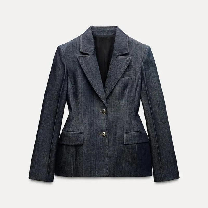 Women’s 3-Piece Denim Suit – Lapel Long Sleeve Coat, Sleeveless Tank & Wide-Leg Trousers