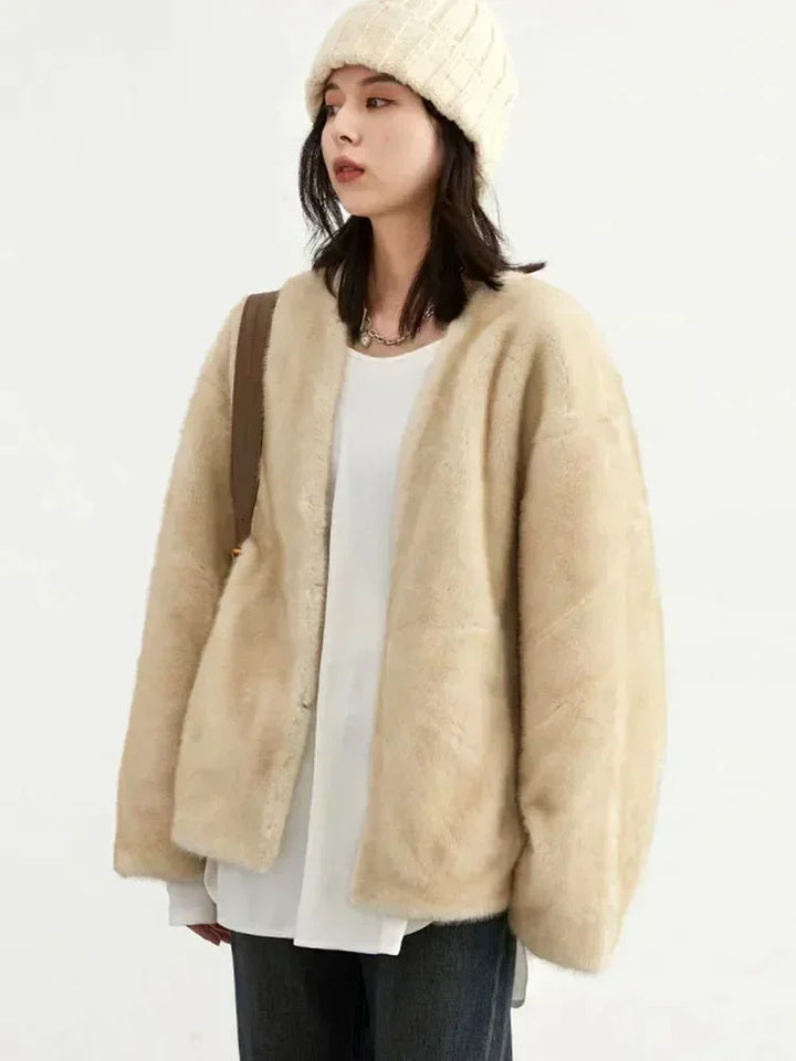 Women's Loose Plush Overcoat – V-Neck, Casual Outerwear, Autumn Winter