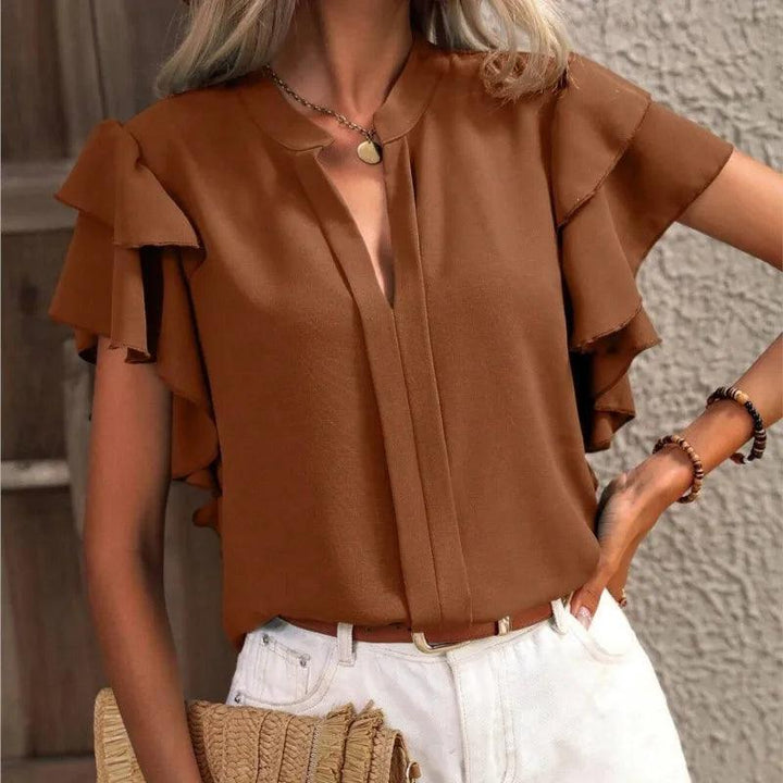 Women's Dark Green V-Neck Blouse – Elegant Ruffle Sleeve Summer Pullover Top