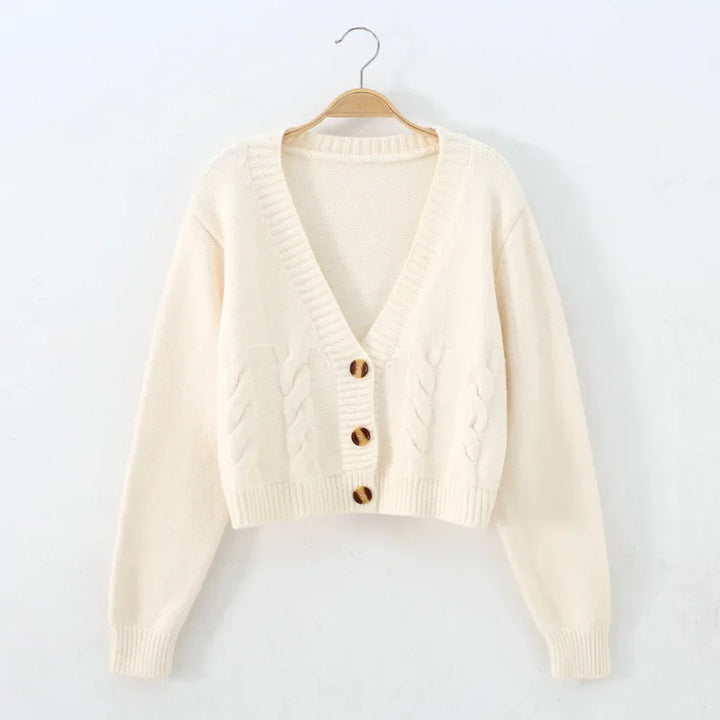 Women's V-Neck Cropped Knit Cardigan – Long Sleeve Twist Sweater Jacket