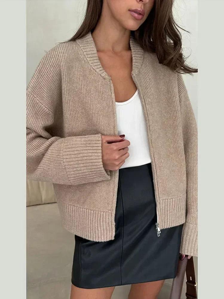 Elegant Knitted Cardigan for Women – O-Neck, Long Sleeve, Zipper Sweater