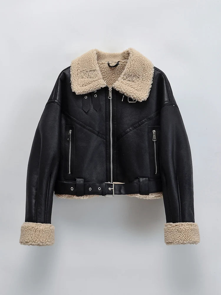 Women's Winter Faux Shearling Moto Jacket – Warm Short Biker Coat with Belt, Streetwear Leather Outerwear