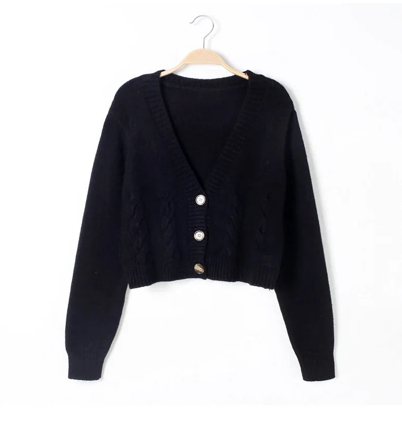 Women's V-Neck Cropped Knit Cardigan – Long Sleeve Twist Sweater Jacket