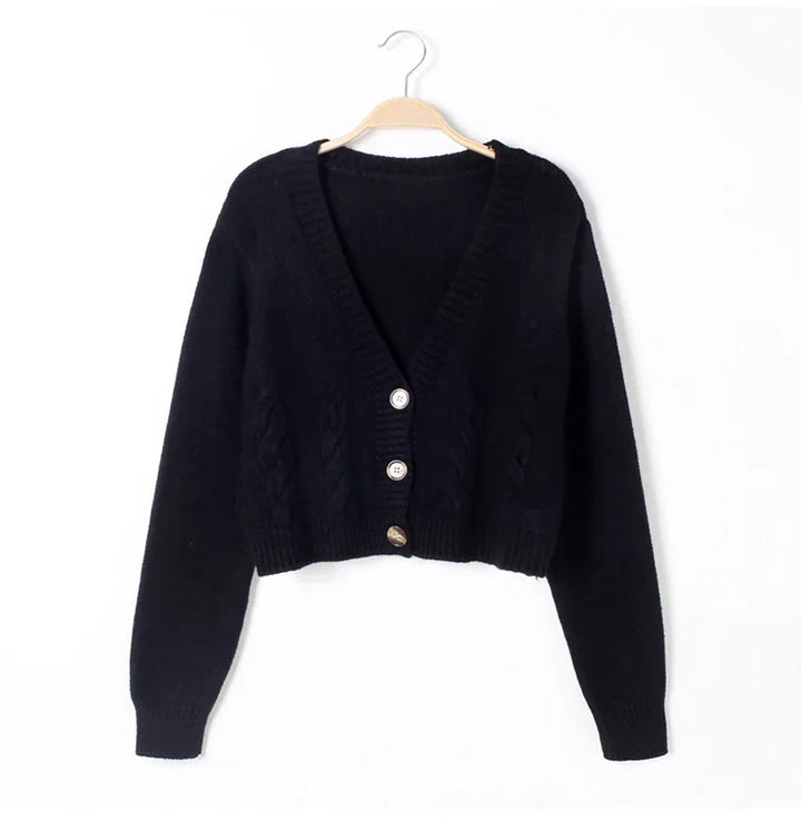 Women's V-Neck Cropped Knit Cardigan – Long Sleeve Twist Sweater Jacket