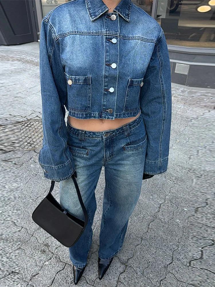 Women's Y2K Denim Set – Blue Crop Jacket & Straight-Leg Jeans, 2-Piece Casual Outfit