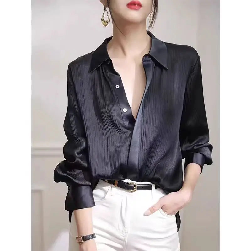 Women's Black Satin Long-Sleeve Blouse – Elegant Loose Office Shirt