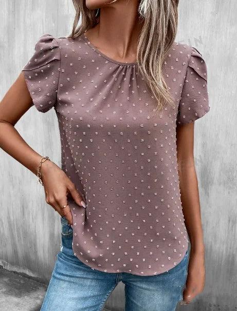 Swiss Dot Crew Neck Blouse – Casual Petal Sleeve Top for Spring & Summer