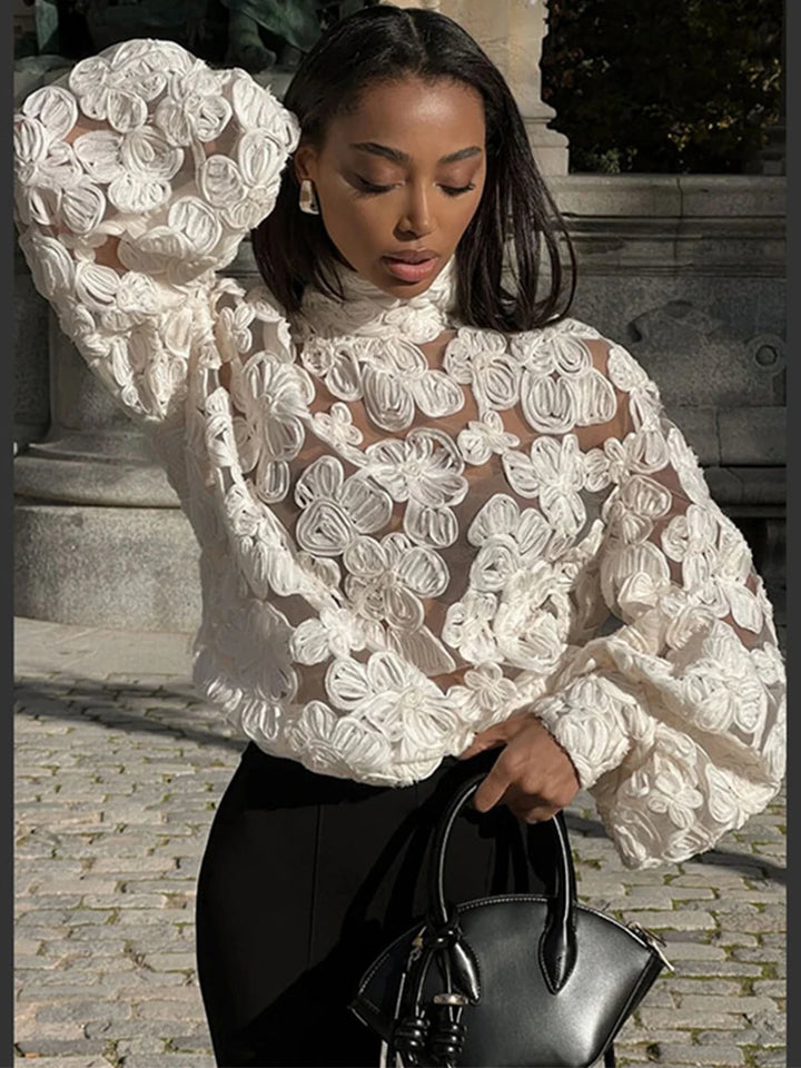 Women's Elegant Turtleneck Lace Shirt – Hollow Out, Lantern Sleeve, Chic High Street Fashion Top