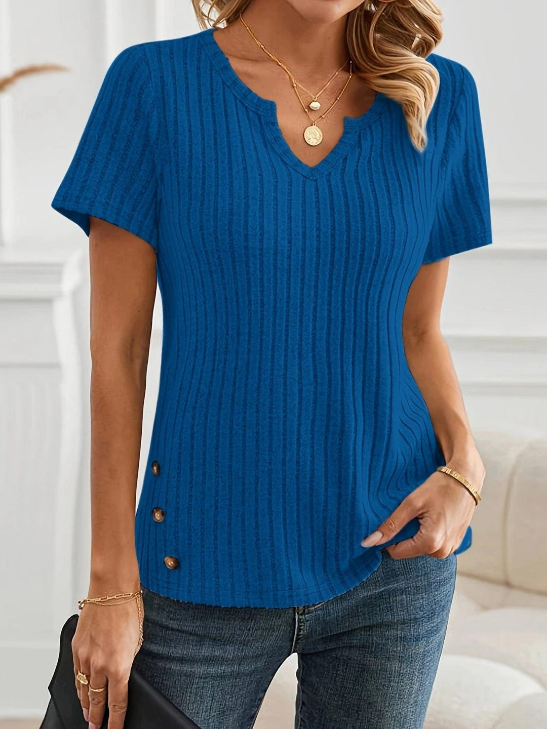 Casual Chic Ribbed T-Shirt with Button Detail