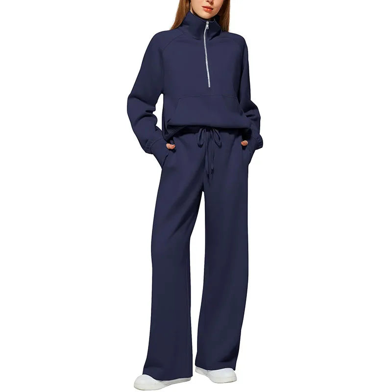 Women’s Sweatshirt Pants Suit – Stand Collar Zipper Jacket & Elastic Drawstring Pants Set