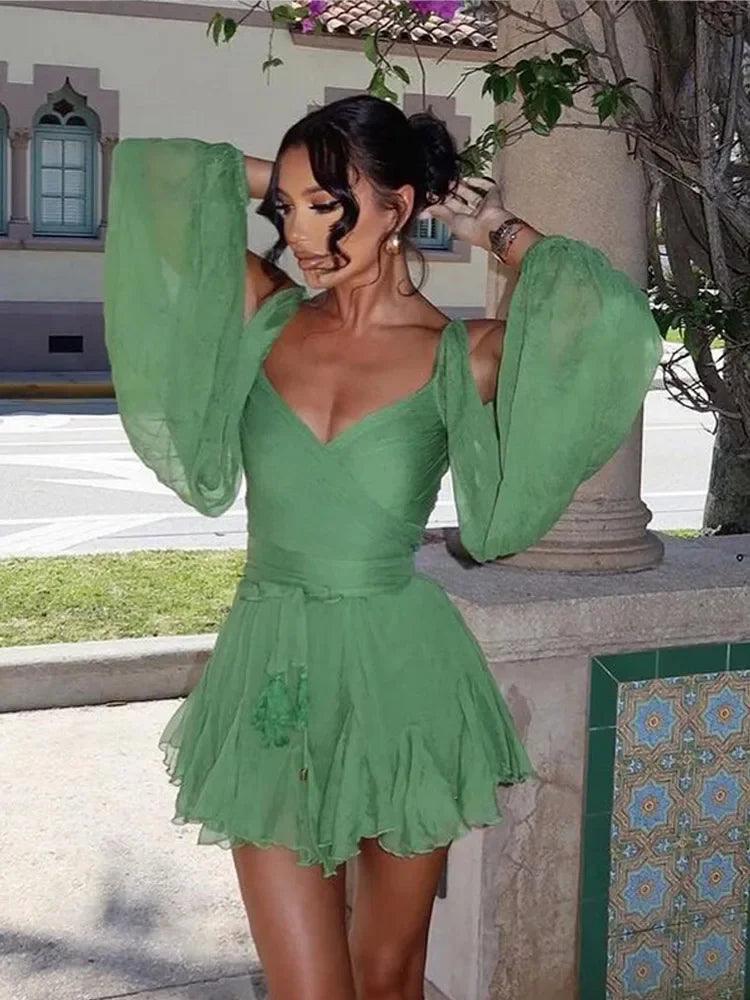 Women's Green Backless Mini Dress – Lace-Up, Ruffle Sleeves, Casual Holiday Outfit