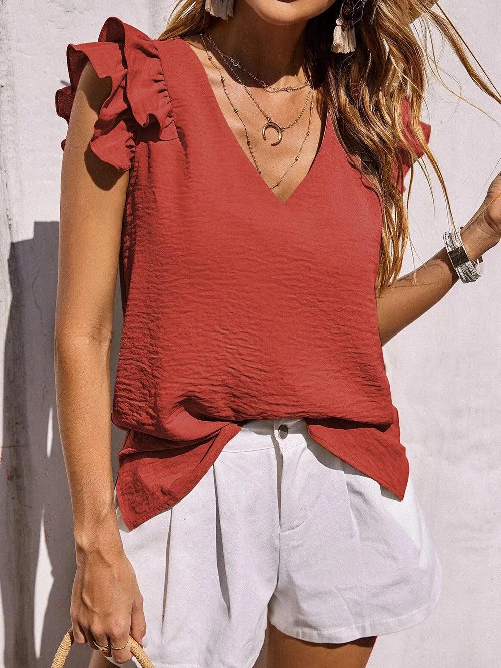 Women's V-Neck Ruffled Vest Top – Casual Sleeveless Summer Shirt