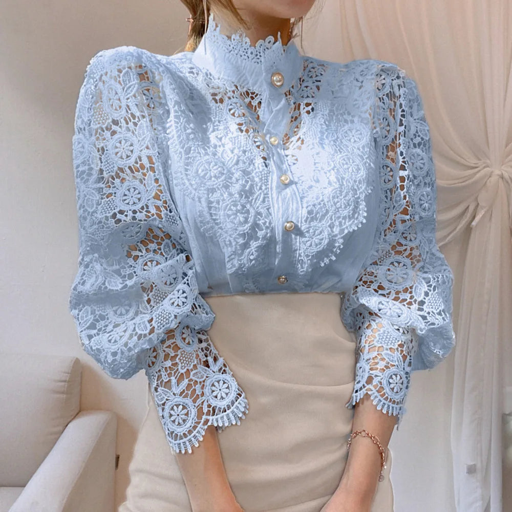 Women's Elegant Lace Blouse – Embroidered Hollow-Out Stand Collar Top