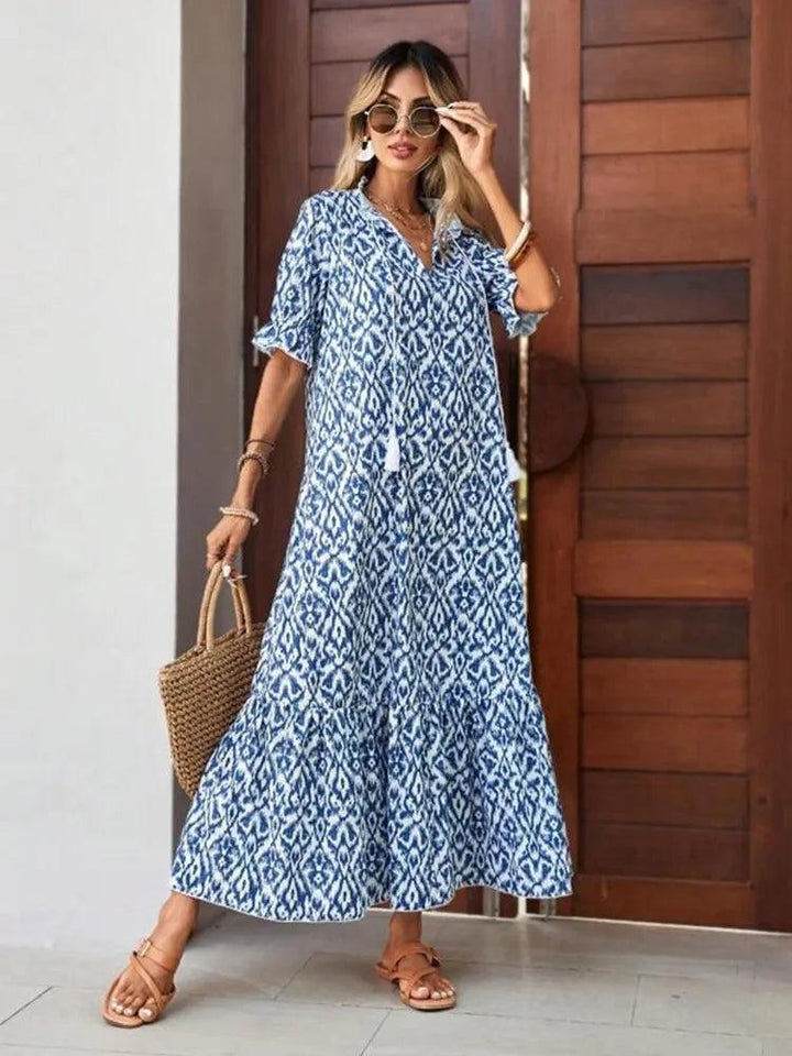 Women's Floral Chiffon Maxi Dress – V-Neck, Short Sleeve, Boho Flowy A-Line Summer Dress