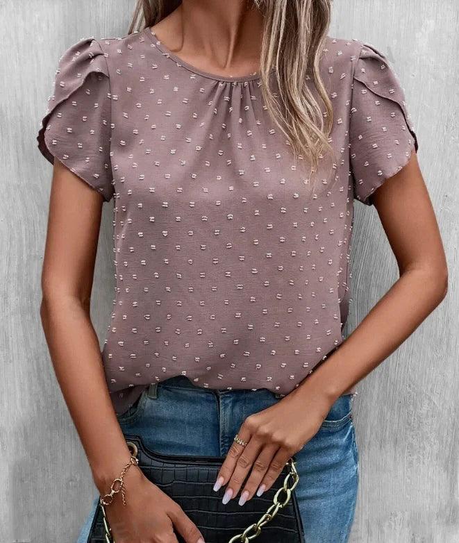 Swiss Dot Crew Neck Blouse – Casual Petal Sleeve Top for Spring & Summer