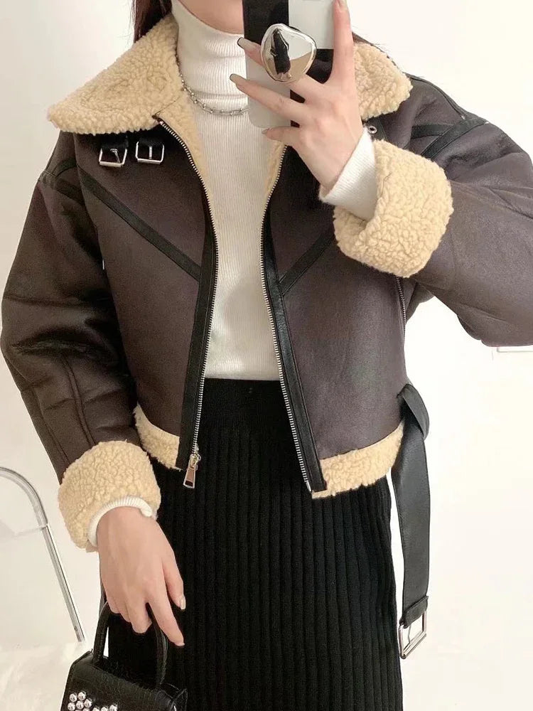 Women's Winter Faux Shearling Moto Jacket – Warm Short Biker Coat with Belt, Streetwear Leather Outerwear