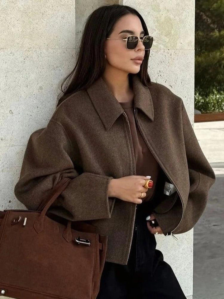 Women's Brown Woolen Jacket – Elegant Short Coat with Zipper & Lapel