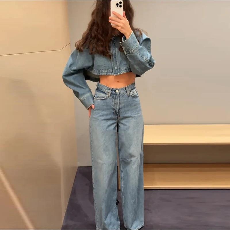 Women's Y2K Denim Set – Blue Crop Jacket & Straight-Leg Jeans, 2-Piece Casual Outfit