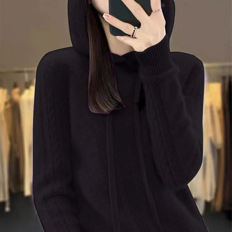 Knitted Hooded Sweater – Women's Casual Wool Long-Sleeve Top