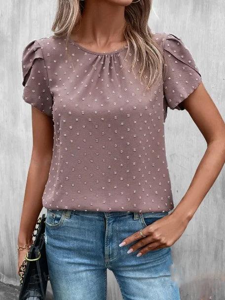 Swiss Dot Crew Neck Blouse – Casual Petal Sleeve Top for Spring & Summer