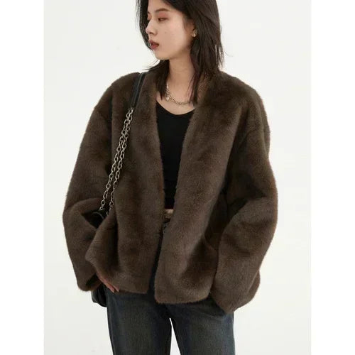 Women's Loose Plush Overcoat – V-Neck, Casual Outerwear, Autumn Winter