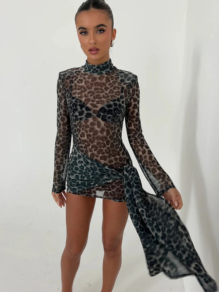 Women's Leopard Print Sheer Mini Dress – Turtleneck, Long Sleeve, Slim Fit Party Dress