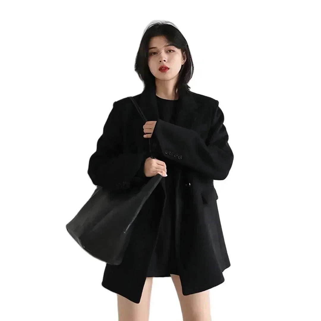 Women's Wool Blend Mid-Length Coat – Thick, Warm, Elegant Office Blazer for Autumn & Winter